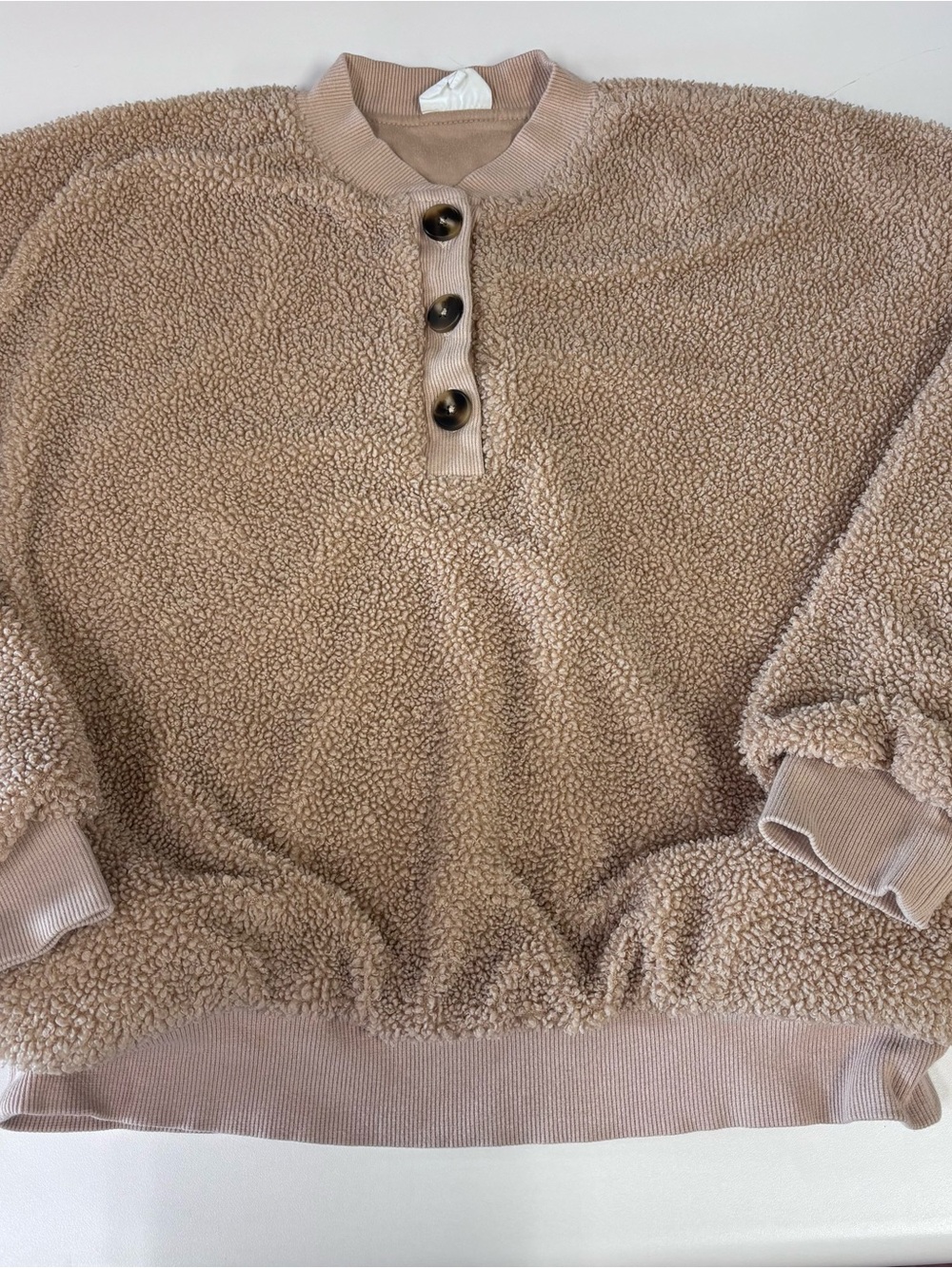 NIA Cozy Button-Front Sherpa Pullover Hoodie - Taupe